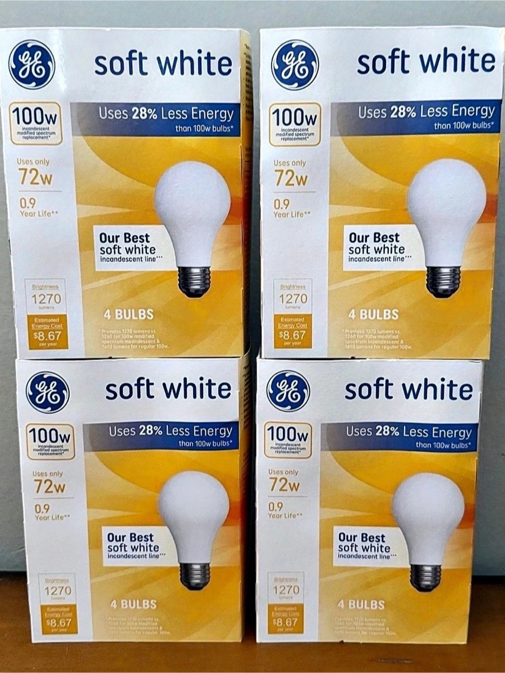 Lot of 4 Packages - GE Soft White Incandescent 100W 4-Pack - 16 Bulbs - NEW HTF